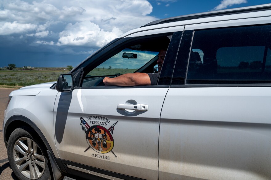 Native veteran Jestin Dupree spends many hours driving around, visiting elderly veterans to help them run errands or attend appointments at the VA hospital in Billings, Mont., five hours away.