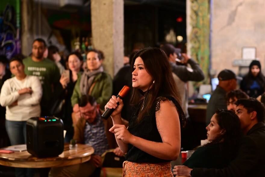 Veronica Carbajal thanks her supporters during an election night rally at the Old Sheepdog Brewery in South Central on January 20, 2024.