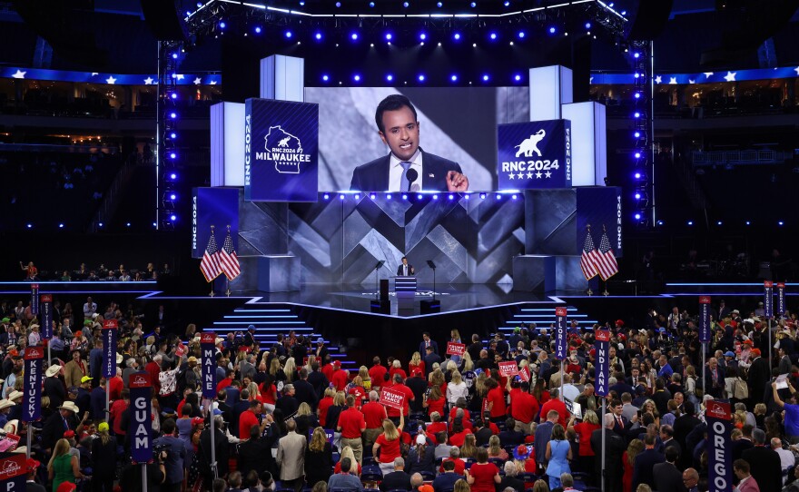 Vivek Ramaswamy speaks on stage on the second day of the Republican National Convention.