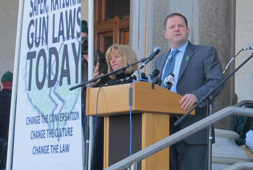 Senate Minority Leader John McKinney speaking at a gun control rally after Newtown.