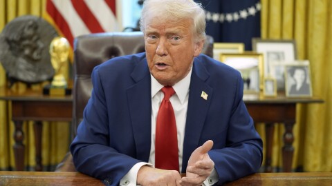 President Donald Trump speaks before signing an executive order in the Oval Office of the White House, Monday, Feb. 3, 2025, in Washington. (AP Photo/Evan Vucci)