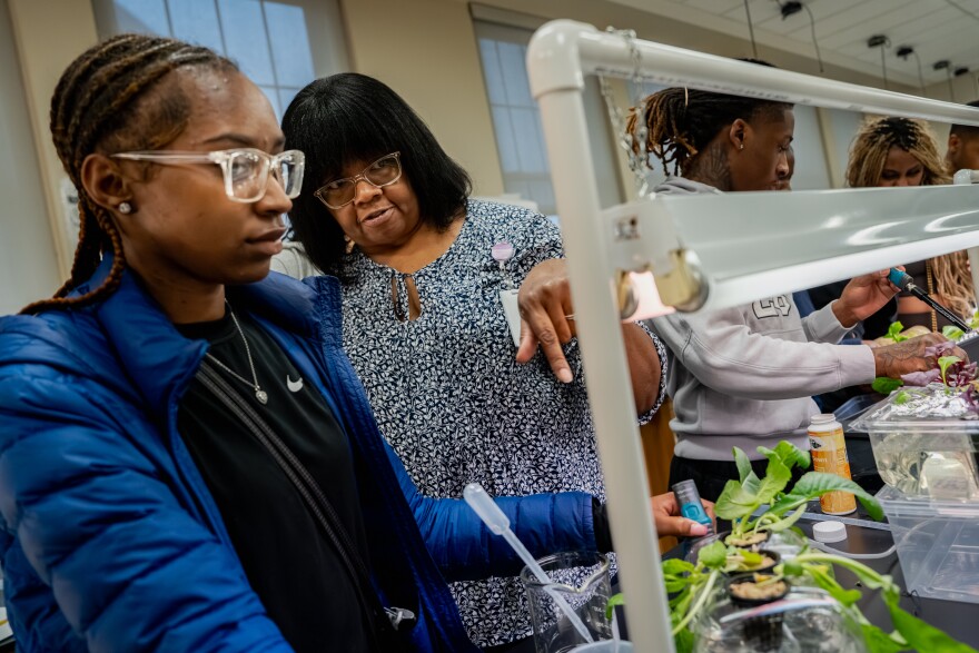Dr. Pamela Lester, center, helps senior A’kenndis Brown with checking the salinity of water supporting lettuce her agriculture sciences class is growing at University City High School on Wednesday, March 4, 2026, in University City.