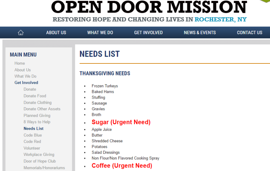 Open Door Mission's needs list
