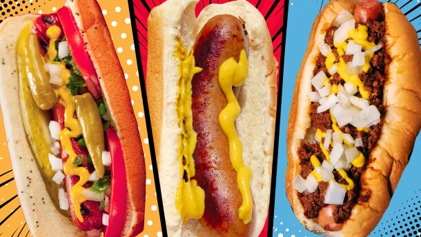 Chicago-style hot dog, Milwaukee bratwurst and Detroit coney dog.