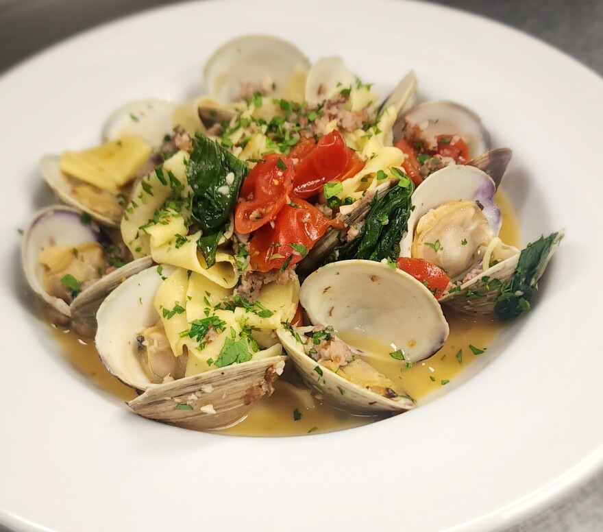 Cielo's house-made Fettuccine, middleneck clams, sweet sausage, Blistered Tomatoes, White Wine, Garlic Clam stcok.jpg