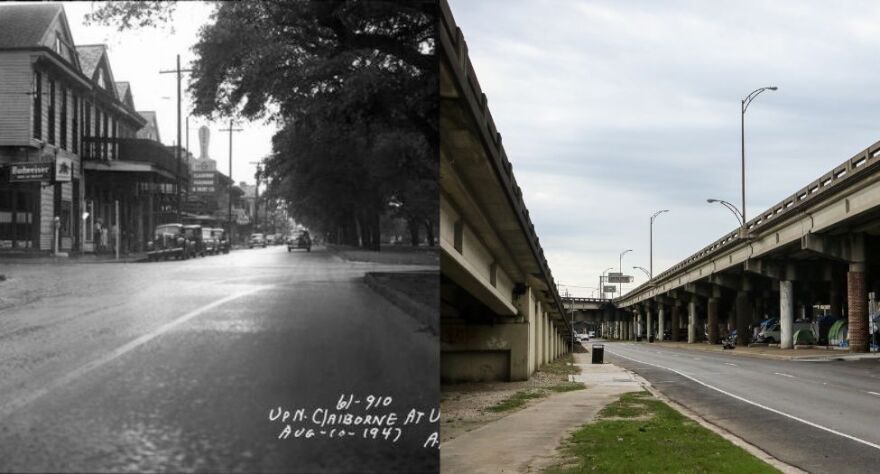 Left: The intersection of Claiborne and Ursulines Avenues in 1947, courtesy of the Historic New Orleans Collection. Right: Claiborne and Ursulines today. A series of highway ramps disrupts the historic street grid.