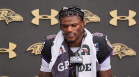 Baltimore Ravens quarterback Lamar Jackson speaks during a press conference following the team's NFL football joint training camp with the Washington Commanders, Wednesday, Aug. 26, 2026, in Owings Mills, Md. (AP Photo/Stephanie Scarbrough)