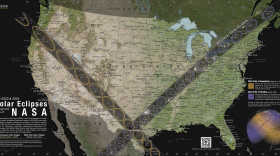 Using observations from different NASA missions, this map shows where the Moon’s shadow will cross the U.S. during the 2023 annular solar eclipse and 2024 total solar eclipse. The map was developed by NASA's Scientific Visualization Studio (SVS) in collaboration with the NASA Heliophysics Activation Team (NASA HEAT), part of NASA’s Science Activation portfolio.