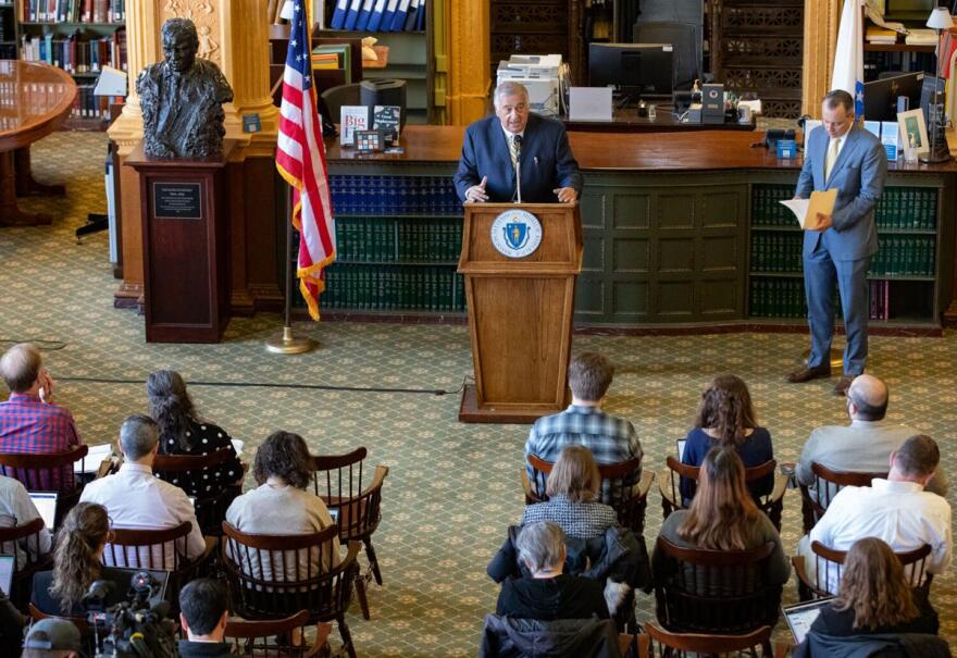 Mass. House Speaker Ronald Mariano and Ways and Means Chairman Aaron Michlewitz (right) brief the press on House leadership's proposal for fiscal 2025 spending at a news conference in the State Library on April 10, 2024.