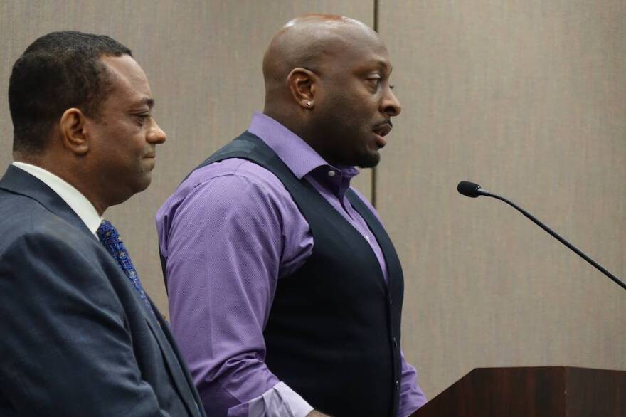 Tony Walker, a new member of the Drexel Foundation for Educational Excellence Inc., and Earl Phalen address the Indiana Charter School Board about Thea Bowman Leadership Academy on Tuesday, March 29, 2016 at the Indiana Government Center South.