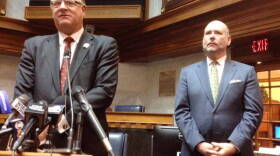 Indiana Senate President Pro Tem David Long and House Speaker Brian C. Bosma give their responses to Gov. Mike Pence's State of the State address at the Indiana Statehouse Tuesday, Jan. 13, 2015.