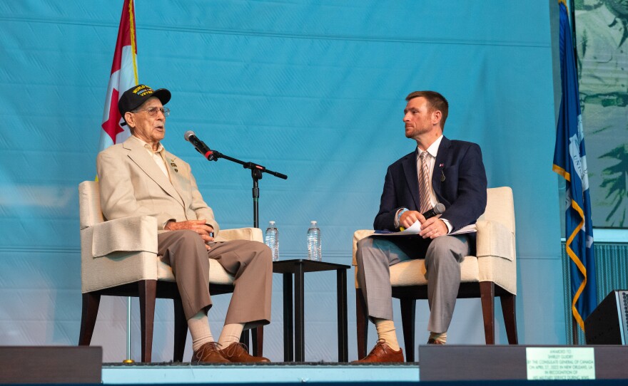 Author and historian Jason Theriot with veteran Norris Morvant at an event at the National World War II Museum. Morvant served in General Eisenhower's Headquarters in France. April 27, 2022.