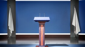 Tribune for speaking on a blue background 3d illustration