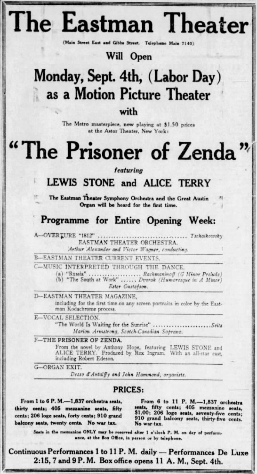 A full program at the Eastman Theatre on its opening day in 1922