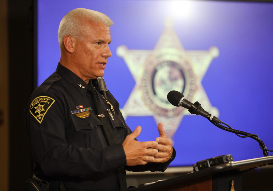 Monroe County Sheriff’s Office Chief Deputy Michael Fowler speaks during a news conference at the Monroe County Public Safety Building in Rochester on Thursday, Aug. 20, 2026, about the fatal shooting of Gregory Kase by sheriff’s deputies on Aug. 9. Kase was shot at a Super 8 motel in Henrietta after his wife called 911 to report that he was suicidal and in crisis. A notice of claim filed by Kase’s wife alleges responding deputies were not told that Kase was deaf