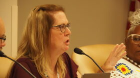 Kansas State Board of Education member Debby Potter, of Garden Plain, helps defeat a recommendation that a mother, also a licensed teacher, should lose her state education credential because of allegations she spanked her son with a belt outside a Wichita child care center. In this image from July 8, 2025, Potter speaks to colleagues on the Board of Education in Topeka.