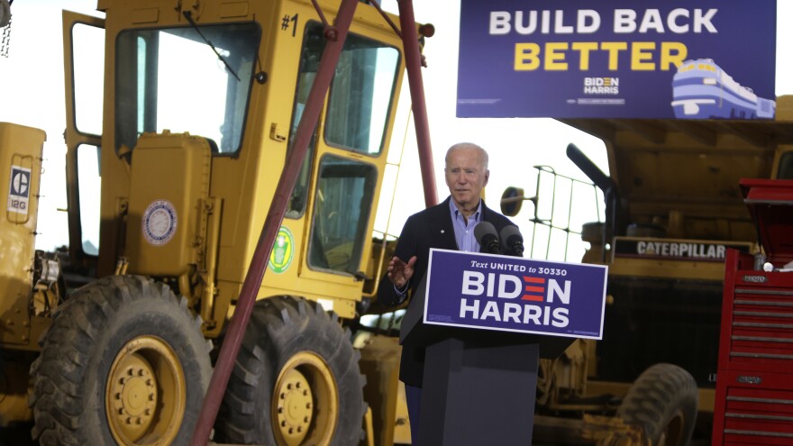 NEW ALEXANDRIA, PENNSYLVANIA - SEPTEMBER 30: Democratic U.S. presidential nominee Joe Biden speaks during a campaign stop at International Union of Operational Engineers Local 66 Heavy Equipment Operator Training School September 30, 2020 in New Alexandria, Pennsylvania. Former Vice President Biden made a stop in New Alexandria to receive an endorsement from the union as he continues to campaign for the upcoming presidential election today on a day-long train tour with stops in Ohio and Pennsylvania. (Photo by Alex Wong/Getty Images)