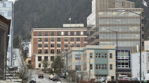 The Alaska State Capitol is seen behind other buildings on Tuesday, Feb. 10, 2026, in downtown Juneau.