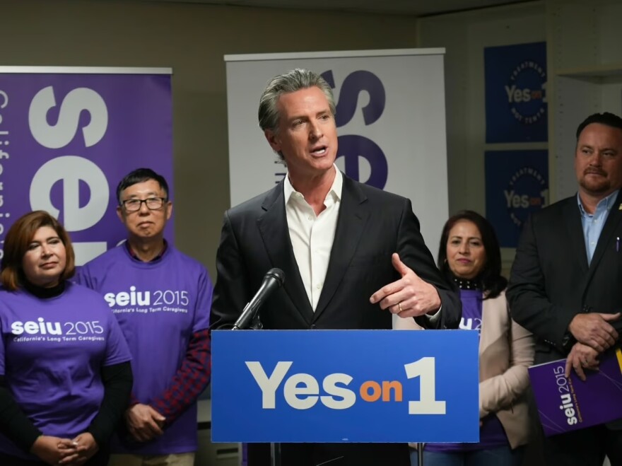 California Gov. Gavin Newsom speaks at a Proposition 1 campaign event at the Service Employees International Union office in San Francisco, Monday, March 4, 2024.