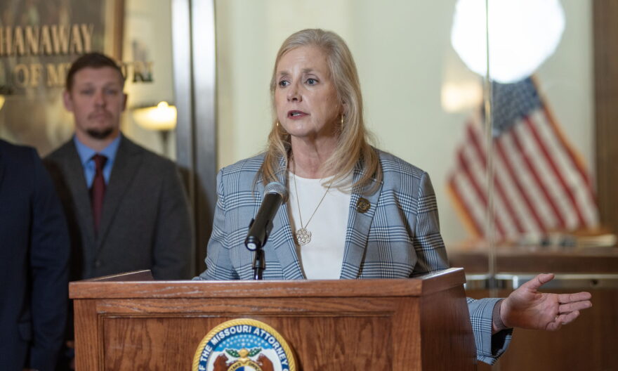 Missouri Attorney General Catherine Hanaway announces the state's lawsuit against American Shaman in a press conference outside her office March 31, 2026.