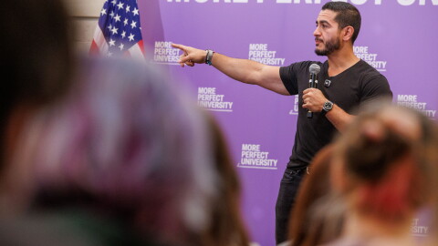 Democratic nominee for U.S. Senate Abdul El-Sayed speaks to Michigan State University students during a town hall in East Lansing, Mich., on Sept. 11, 2026.