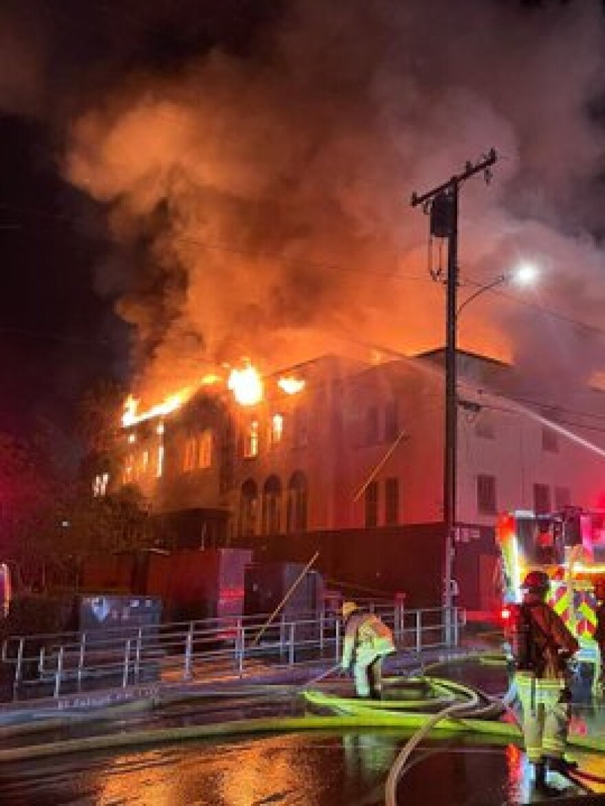 Santa Barbara County firefighters battle a huge fire in December of 2022 at Santa Paula High School's historic 1930's era gym.