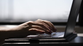 A woman types on a laptop on a train in New Jersey. (Jenny Kane/AP)