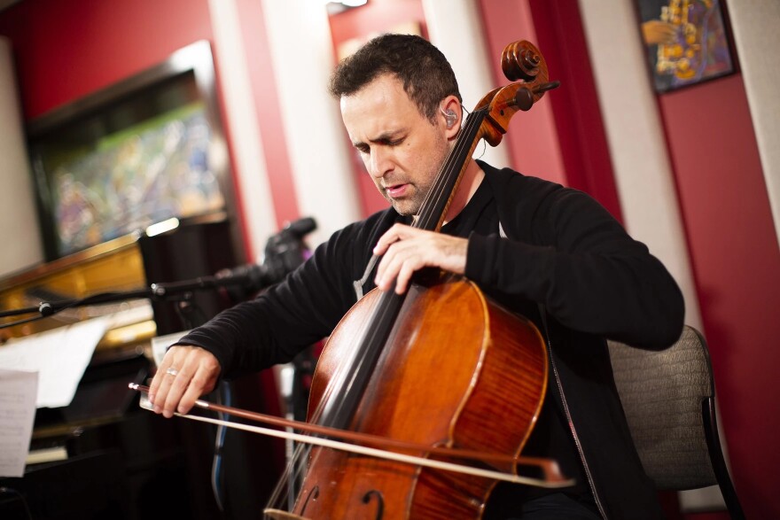Improvising cellist Jacob Szekely performing at the KNKX Studios in 2018.