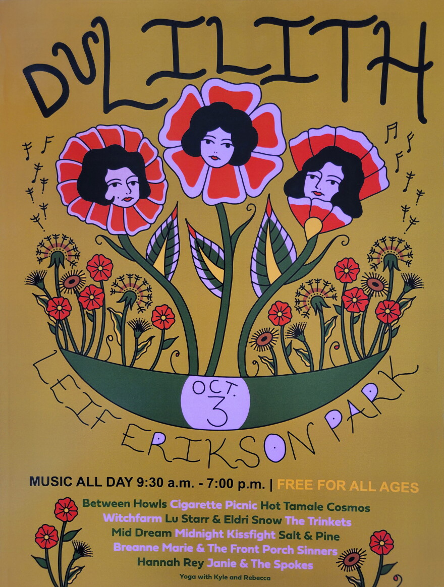 Poster for DuLilith Fest; illustration of three flowers with women's faces in the center