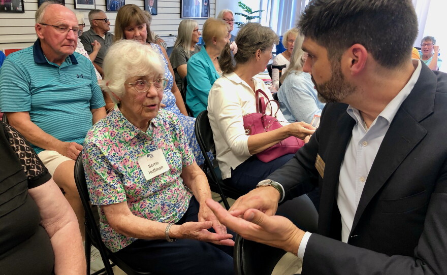 NY23 Democratic Party and Working Families Party candidate Aaron Gies speaks to 90-year-old registered Republican Roberta “Bertie” Hoffman in Elmira.