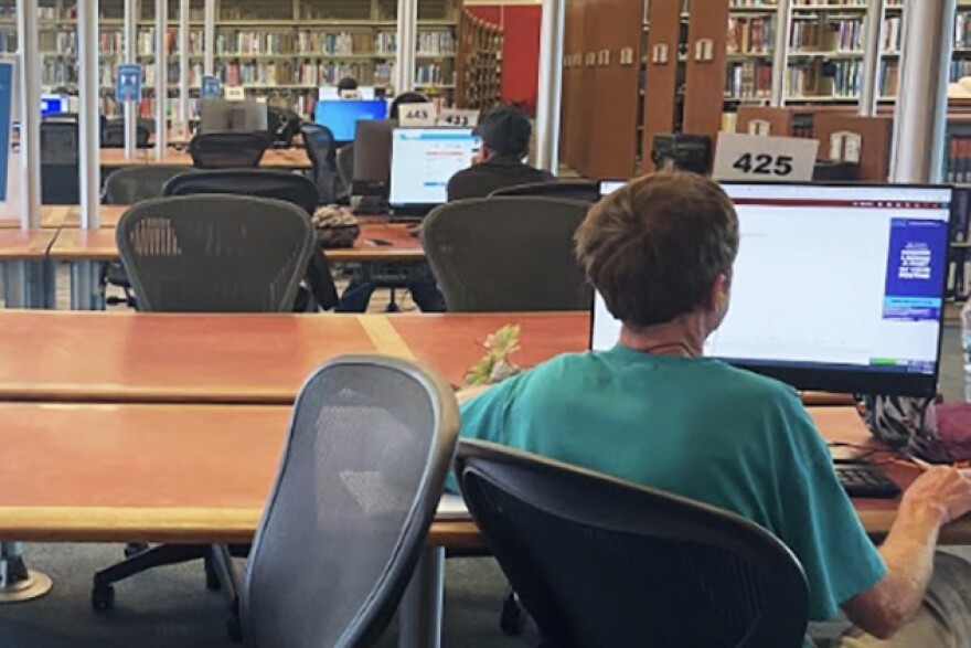 Patrons use the free computer and internet services available at Central Library in Indianapolis.