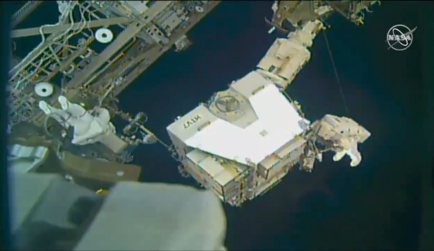 NASA Astronauts Nick Hague and Anne McClain perform a spacewalk to replace aging batteries on the International Space Station. Photo: NASA