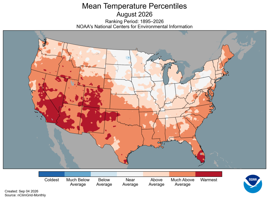 A map of the United States displays shades of red where temperature records for August were broken. 
