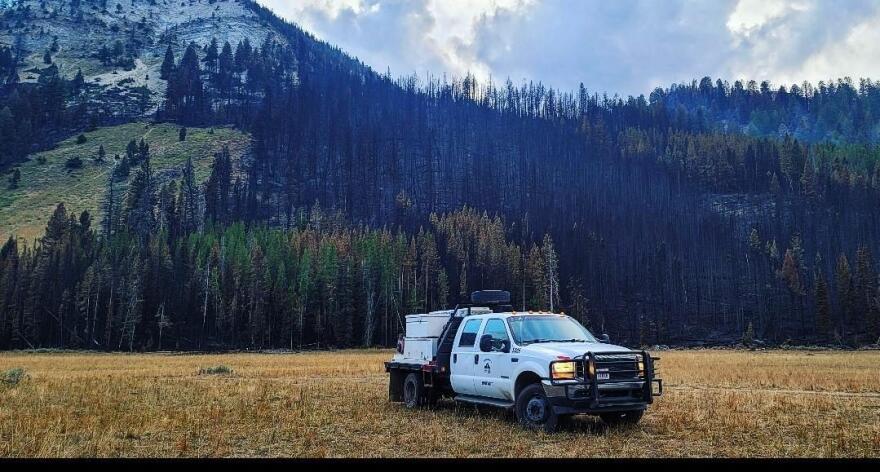 a white firefighting truck parked in a grassy field in front of a wooded hillside full of burnt or partially burnt trees.