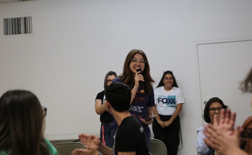 Arizona Western College student Sthefany Valenzuela asked about the implications of taking away the Pell Grant from San Luis students.