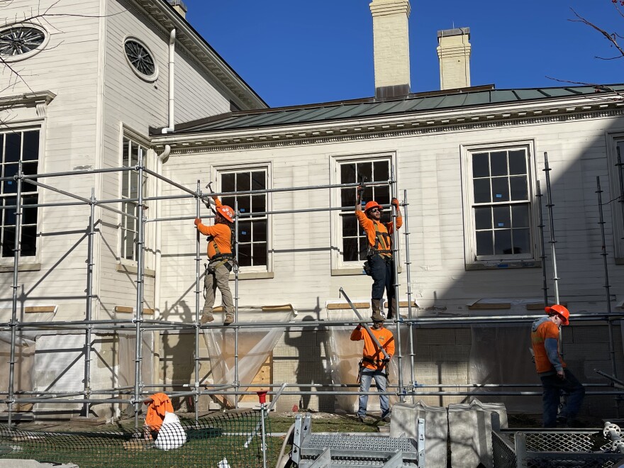 Scaffolding going up at Taft Museum as infrastructure improvements began.