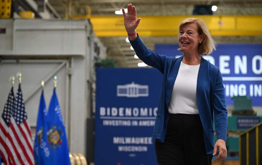 Sen. Tammy Baldwin, D-Wis., arrives to speak at an event on "Bidenomics" with President Biden in Milwaukee on Aug. 15. Baldwin is running for a third term and Republicans have struggled to recruit a challenger.