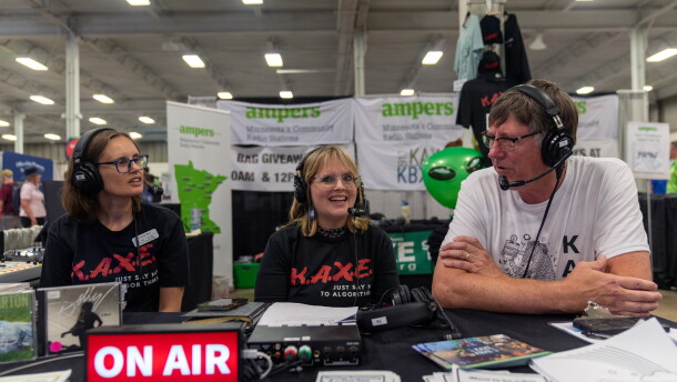 Jennifer Barr, Heidi Holtan, and guest Mark during an interview broadcast live from the 2026 Minnesota State Fair.