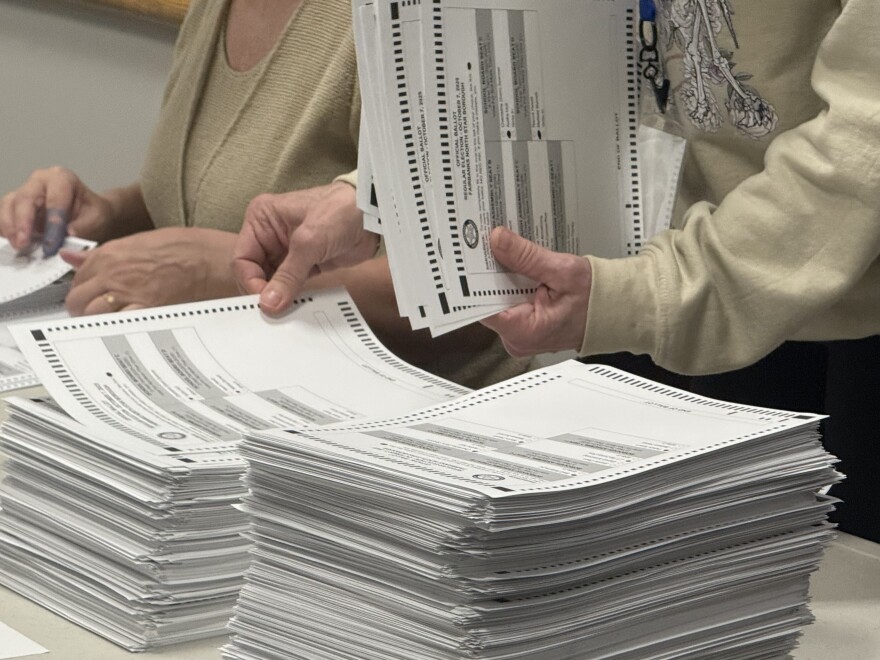 Election workers flip through ballots, Oct. 8, 2025, counting votes as part of a new hand count audit, which is happening for the first time as part of the Fairbanks North Star Borough 2025 municipal election. The audit was established by an ordinance the Borough Assembly passed in April.