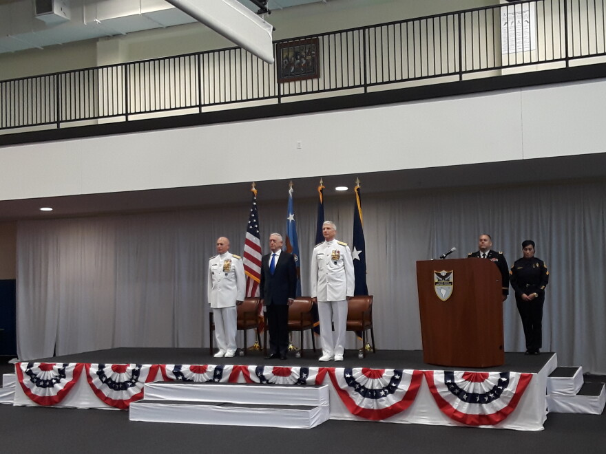 Secretary of Defense Jim Mattis, center, Navy Adm. Craig Faller, right, and Navy Adm.  Kurt Tidd, left
