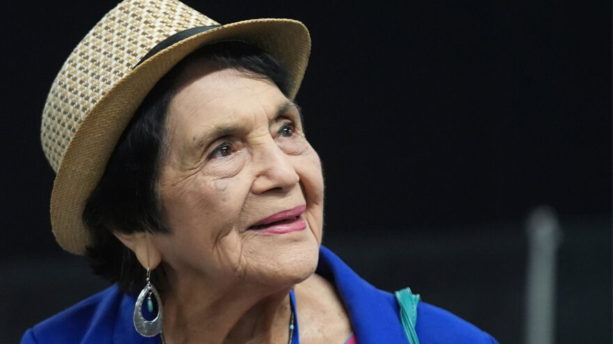 Dolores Huerta, the labor leader, civil rights activist and co-founder of the National Farm Workers Association, is seen at the California Democratic Party's 2025 State Convention at the Anaheim Convention Center in Anaheim, Calif., May 31, 2025.
