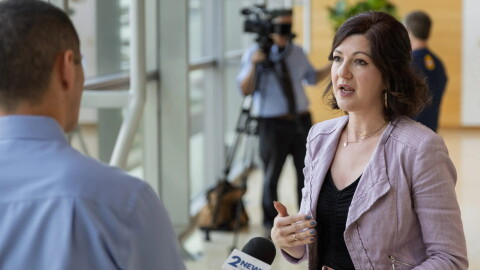 Tulsa City Councilor Laura Bellis speaks to the media after a regular city council meeting on Wednesday, Sept. 16, 2026, where an eviction prevention program passed unanimously.