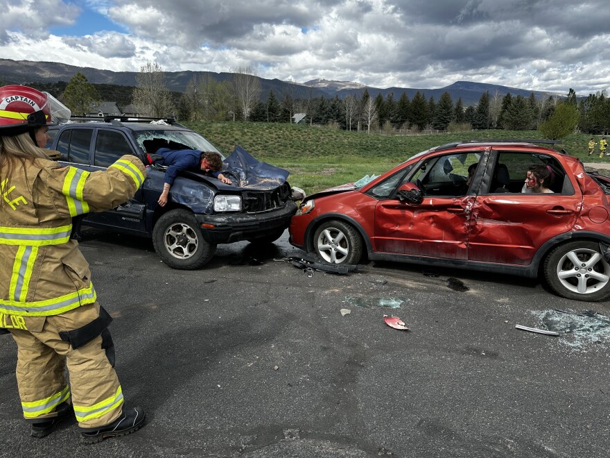 Student volunteers wore fake blood and pretended to be injured during a mock DUI at Roaring Fork High School on April 26.