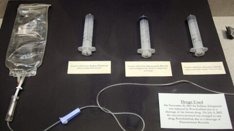 In this April 5, 2017 photo, an exhibit at the Texas Prison Museum shows the three-chemical mixture used by Texas prison officials for lethal injections in the state from 1982 until 2012, when it was replaced by a single drug. Tennessee was using a three-drug protocol when an independent investigation found the state was mishandling its lethal injection program. Like Texas, Tennessee is pivoting to a single-drug process.