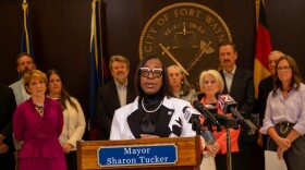 Mayor Sharon Tucker announces plans for the Anchor Resource Center at a press conference in May.