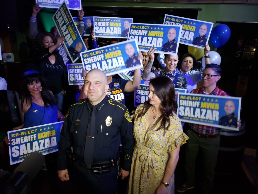Sheriff Salazar and wife Sarah celebrate election night at watch party at The Backyard on Broadway.	