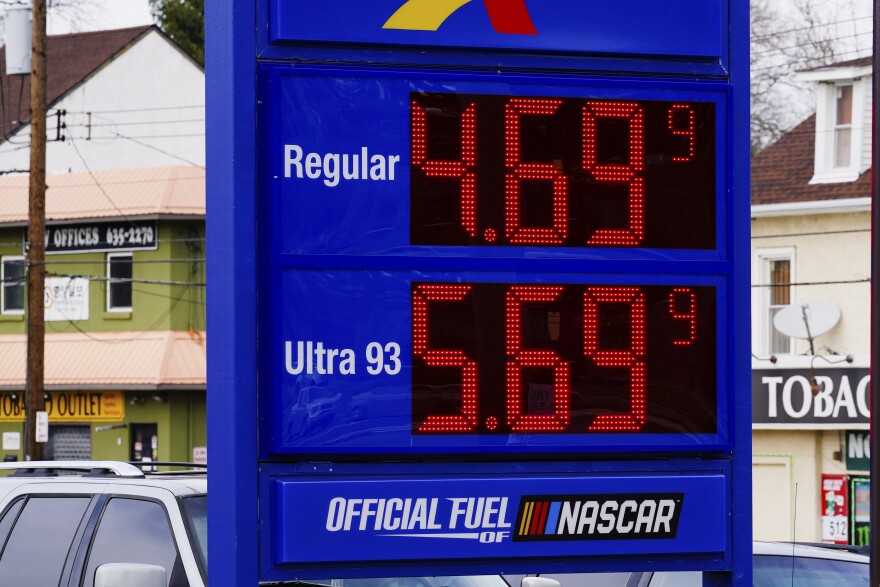 Gas prices are displayed at a filling station in Philadelphia, Thursday, March 10, 2022.