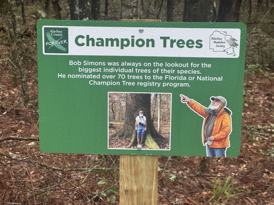 One of the signs along the trail provides details of Simons’ conservation efforts, the Champion Tree program, on Saturday, Oct. 3, 2026. (Arjun Mendiratta/WUFT News)
