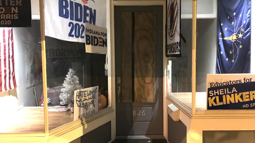 The door of the Tippecanoe County Democratic Party headquarters was boarded up Thursday evening.