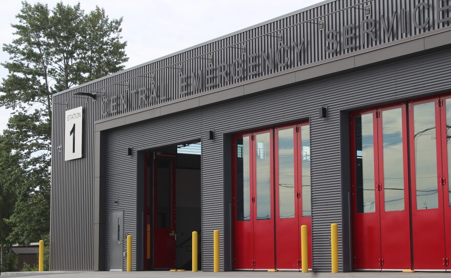 Trees grow outside Central Emergency Services' new Station 1 on Thursday, July 30, 2026 in Soldotna, Alaska.